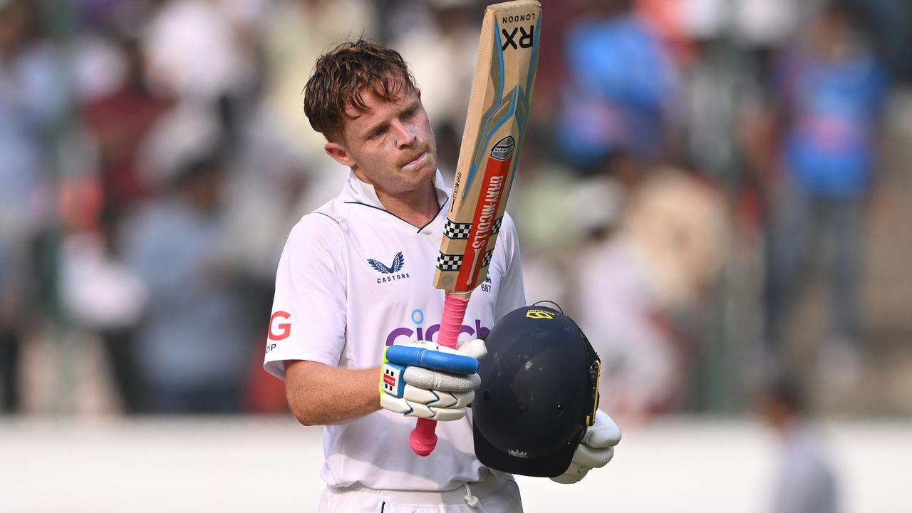 Ollie Pope celebrates his century. Photo by Stu Forster/Getty Images.