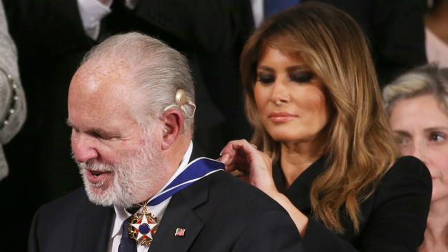 First lady Melania Trump presents radio personality Rush Limbaugh with the Presidential Medal of Freedom during the State of the Union address. Picture: AFP