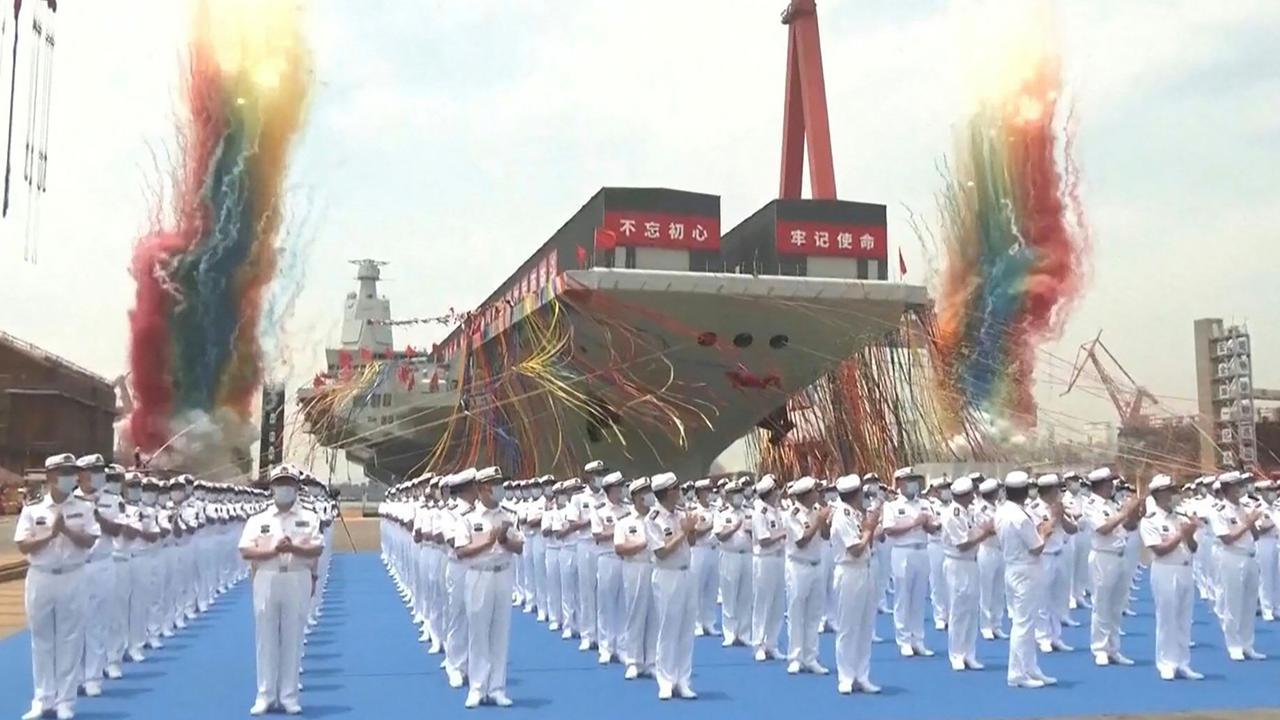 The launch ceremony of the Fujian, a People's Liberation Army (PLA) aircraft carrier. Picture: CCTV / AFP.