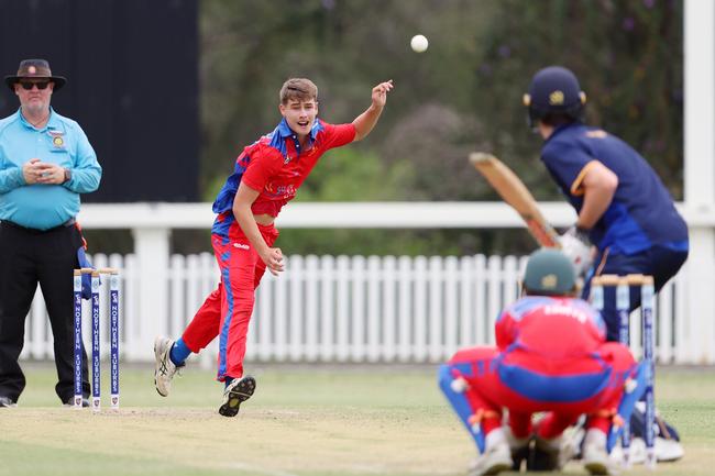 Sam Green bowling for Toombul in their Under 17 cricket clash against Northern Suburbs at Ian Healy Oval on Sunday. Picture Lachie Millard