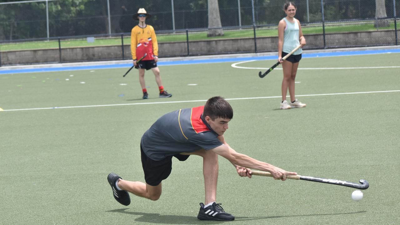 Players at the Park Avenue Brothers Hockey Club and Astro's Hockey development clinic at Kalka Shades, Rockhampton, on February 8, 2025.