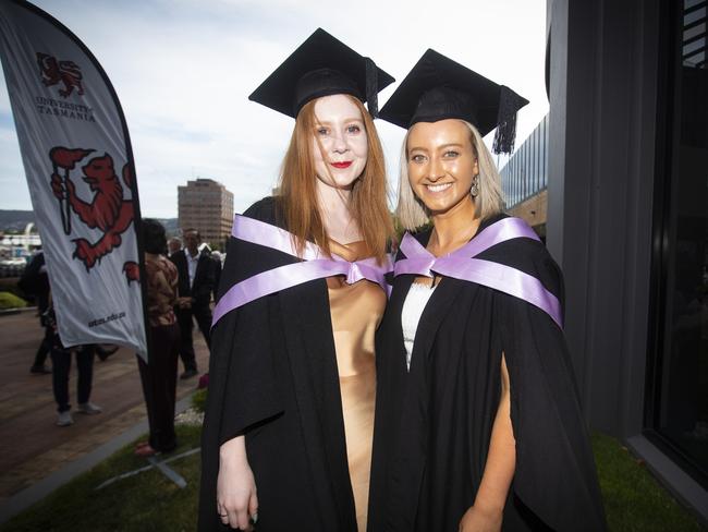 Caitlin Connolly and Rachel Barac at UTAS graduations held at the Hobart Grand Chancellor. Picture: LUKE BOWDEN