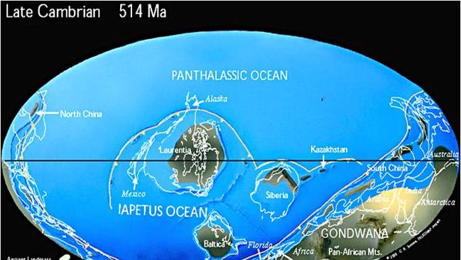 Australia was part of the Gondwana landmass, far right of above map, along with Antarctica and India, during the Late Cambrian period about 510 million years ago.