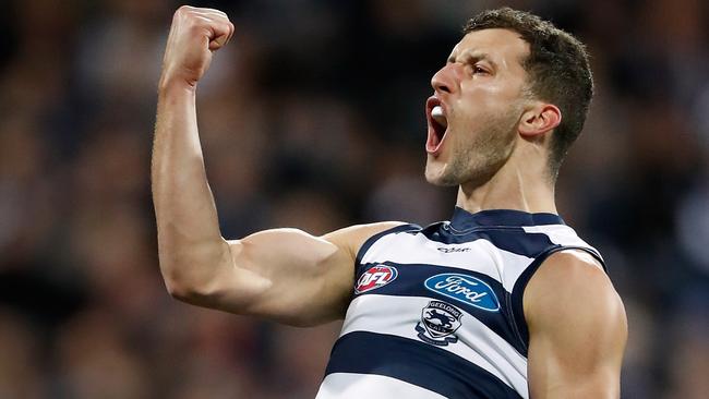 Sam Menegola celebrates a goal for the Cats. Picture: AFL Media