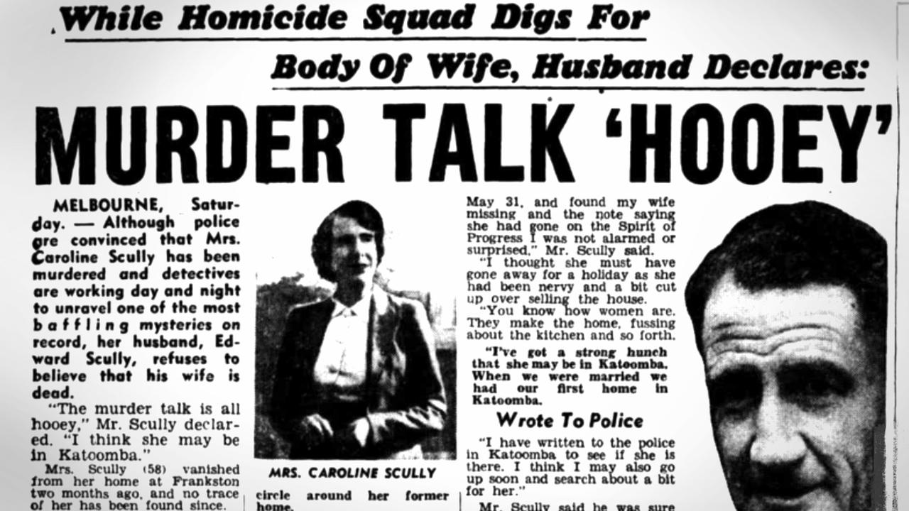 A 1950 newspaper interview given by Edward Scully, in which he claimed his missing wife Caroline had run away. Picture: Trove