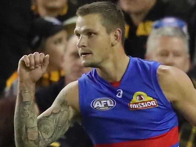 MELBOURNE, AUSTRALIA - MAY 06:  Clay Smith of the Bulldogs celebrates after kicking a goal during the round seven AFL match between the Western Bulldogs and the Richmond Tigers at Etihad Stadium on May 6, 2017 in Melbourne, Australia.  (Photo by Scott Barbour/Getty Images)