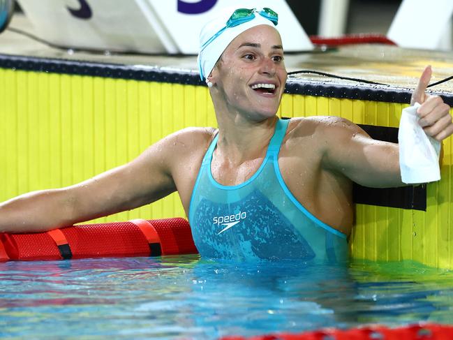 BRISBANE, AUSTRALIA - JUNE 13:  Kaylee McKeown of Queensland celebrates winning the Womenâs 200m Backstroke Final during the 2024 Australian Swimming Trials at Brisbane Aquatic Centre on June 13, 2024 in Brisbane, Australia. (Photo by Chris Hyde/Getty Images)