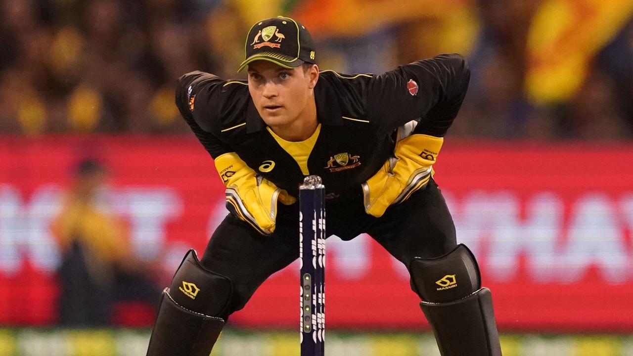 Alex Carey behind the stumps during a T20 International.