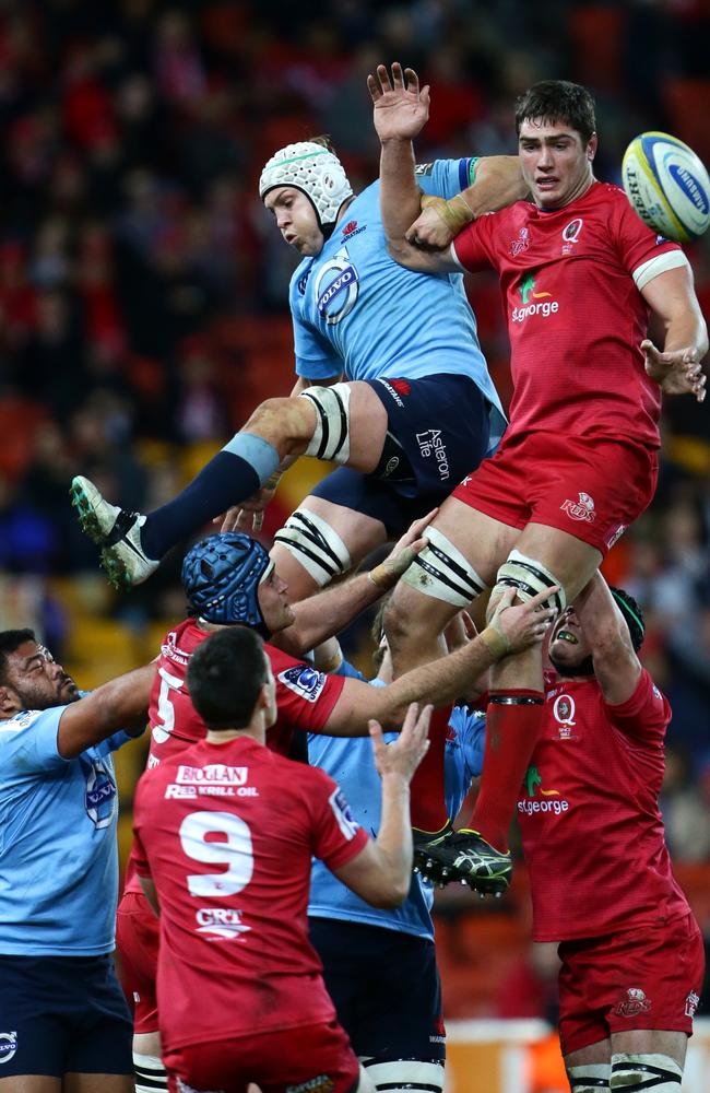 Rob Simmons wins a lineout for the Reds against the Waratahs.