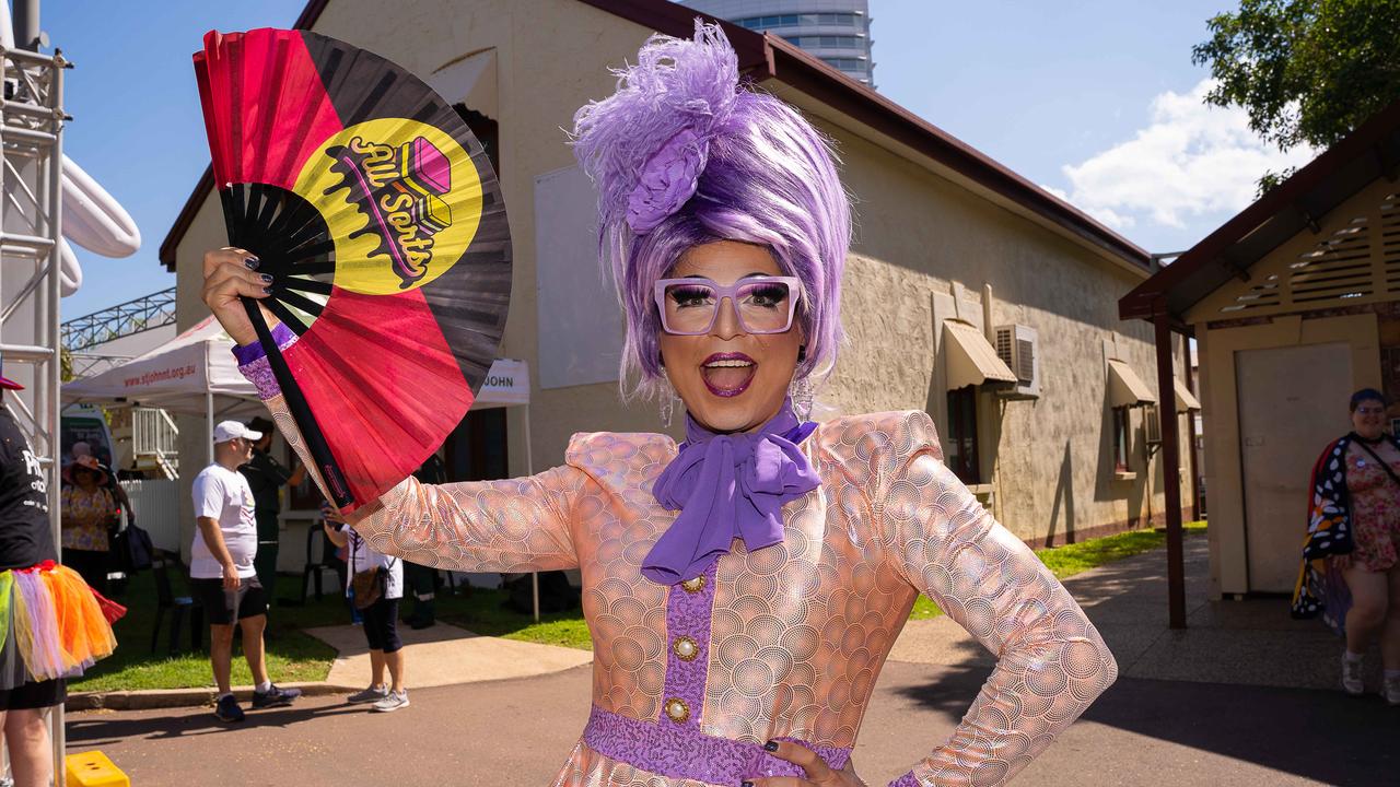 Miss Ellaneous, as Miss Information in the lead up to the Voice referendum, at Top End Pride through Darwin City on Saturday, June 24. Picture: Pema Tamang Pakhrin