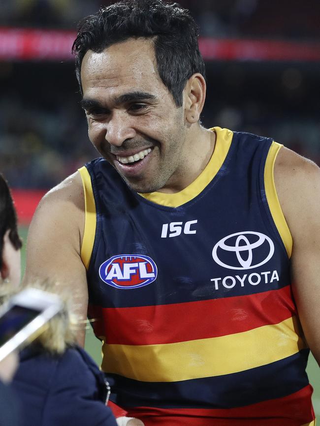 Eddie Betts is all smiles as he meets fans after the Crows beat North Melbourne in August, 2018. Picture SARAH REED