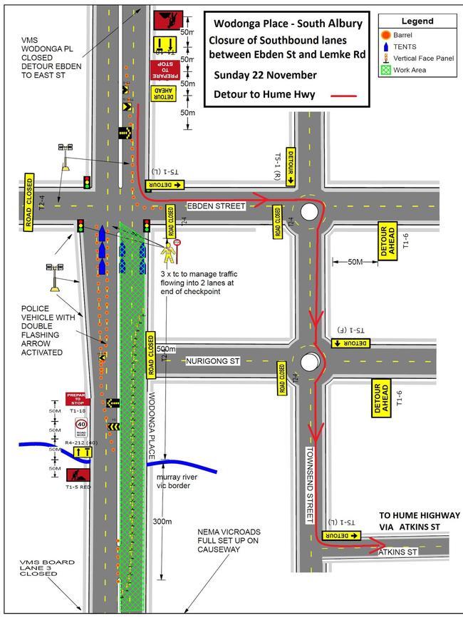 The will be diversions at Wodonga Place in Albury on Sunday.