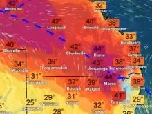 A Bureau of Meteorology heat map showing the forecast temperatures for Tuesday.