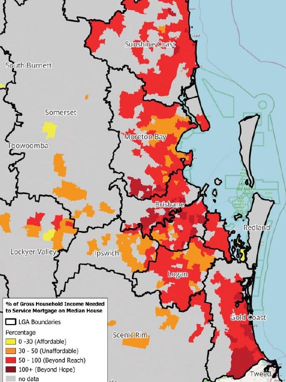 The dark red shows the areas that are ‘beyond hope’ when it comes to a household on $100,000 buying an ‘affordable’ house. Picture: Property Council of Australia