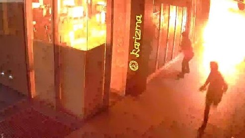 CCTV of the moment the Docklands restaurant owned by Fadi Haddara went up in flames. Picture: Victoria Police