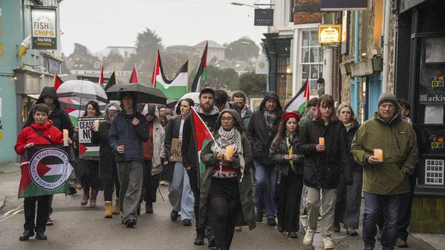 A demonstration on Wednesday in Falmouth, England, honouring James Henderson, one of the World Central Kitchen workers killed in an Israeli attack. Picture: Hugh Hastings/Getty Images