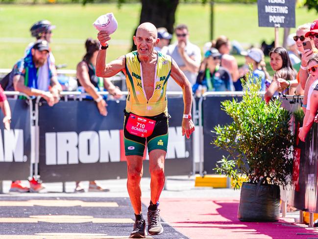 Bomber Hutchinson at the finish of the Ironman 70.3 Tasmania in Hobart. Picture: Linda Higginson