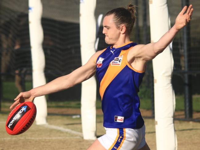 Lilydale player Brandon Droessler kicks the ball in the Eastern Football League (EFL). Picture: Davis Harrigan