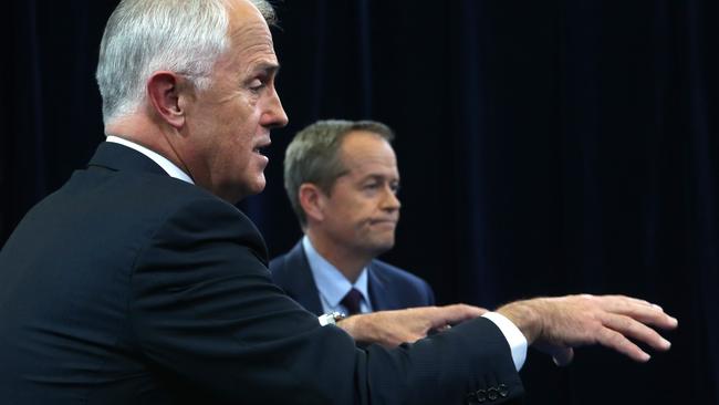 Prime Minister Malcolm Turnbull and Opposition Leader Bill Shorten taking part in the News.com and Facebook debate. Picture Kym Smith