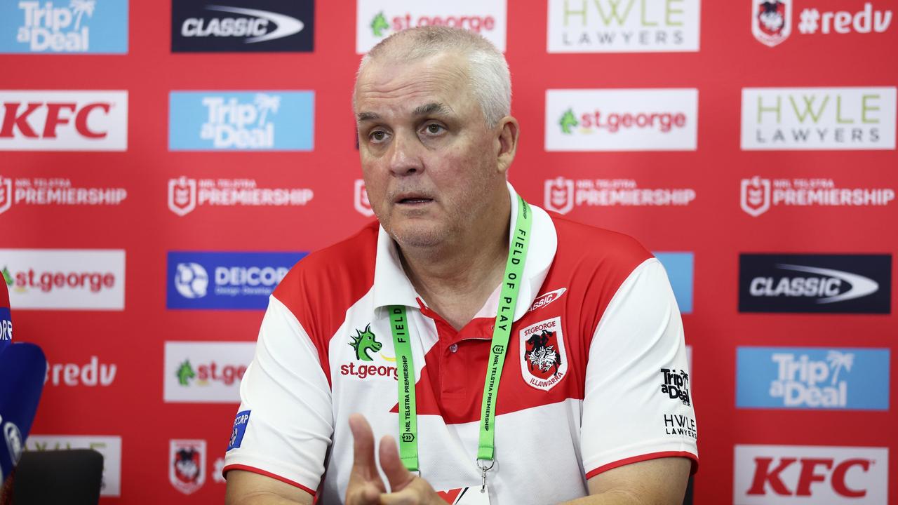 SYDNEY, AUSTRALIA – MARCH 12: Dragons head coach Anthony Griffin speaks to the media after the round two NRL match between the St George Illawarra Dragons and the Gold Coast Titans at Netstrata Jubilee Stadium on March 12, 2023 in Sydney, Australia. (Photo by Matt King/Getty Images)