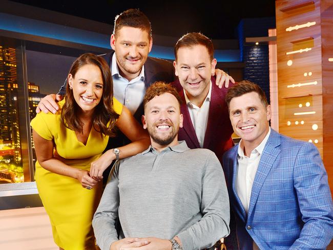 In: The cast of the new Footy Show: Neroli Meadows, Brendan Fevola, Anthony Lehmann, Dylan Alcott and Shane Crawford. Picture: Nicki Connolly