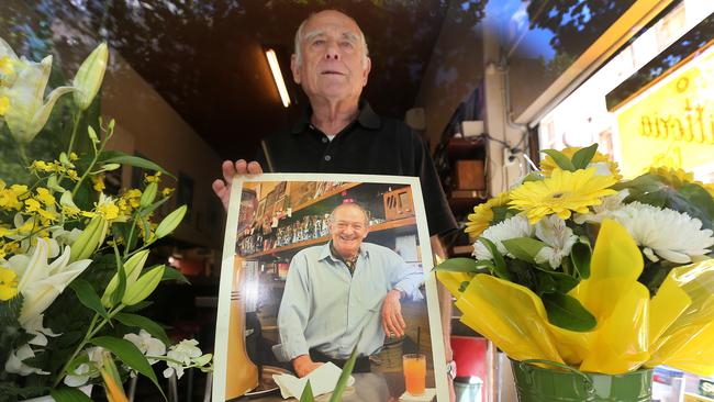 Heartbroken Nino Pangrazio, business partner of the victim Sisto Malaspina at Pellegrini’s in Melbourne’s Bourke St. Picture: Yuri Kouzmin