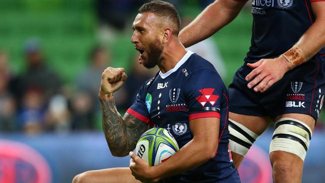 MELBOURNE, AUSTRALIA - APRIL 06: Quade Cooper of the Rebels celebrates after scoring a try during the round eight Super Rugby match between the Rebels and the Sunwolves at AAMI Park on April 06, 2019 in Melbourne, Australia. (Photo by Mike Owen/Getty Images for SUNWOLVES)