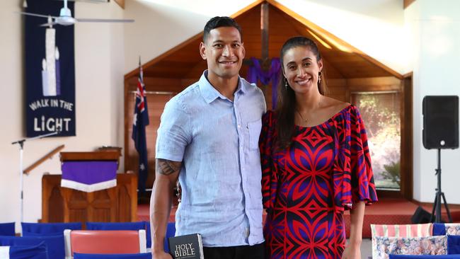 Israel Folau with his wife Maria Folau at Kenthurst Uniting Church after a Sunday service. Picture: Hollie Adams