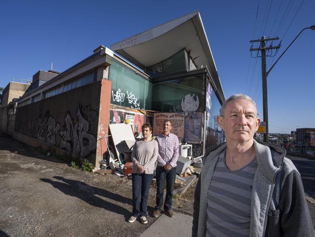 Residents Mick Steele, Robyn Steele and David Anderson are concerned about the Leagues Club building becoming a construction site. Picture: AAP IMAGE/Matthew Vasilescu