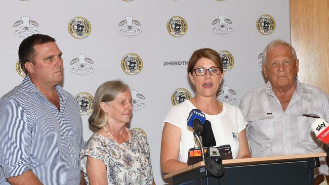 Brett Cattle Co. owner Hamish Brett, with his parents, and former NT Cattlemen's Association CEO Tracey Hayes address the media following the landmark Federal Court ruling last week. Picture Katrina Bridgeford.