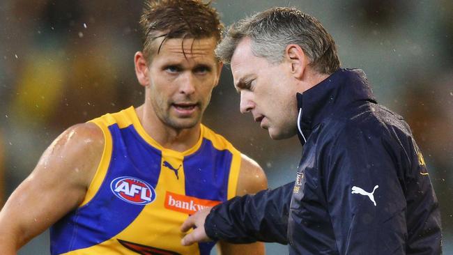 West Coast Eagles coach Adam Simpson with Mark LeCras during the loss to Richmond. (Photo by Michael Dodge/Getty Images)