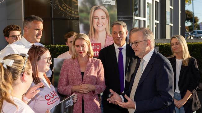 Mr Albanese in Adelaide with Labor faithful including Mr Malinauskas, Deputy PM Richard Marles and candidate for Sturt Claire Clutterham. Picture: Jason Edwards/NewsWire