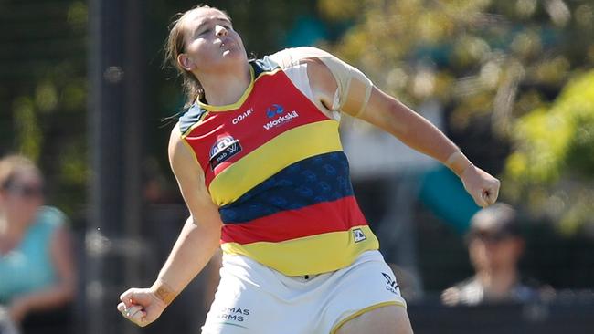 Sarah Perkins of the Crows celebrates a goal during against Collingwood.