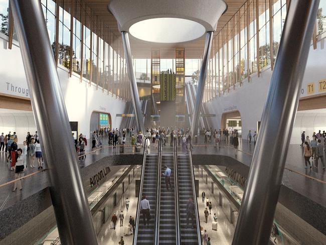 An artist’s impression of the proposed Melbourne Airport station. Picture: AirRail Melbourne