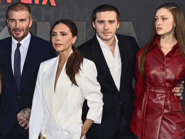 LONDON, ENGLAND - OCTOBER 03: (L-R) Mia Regan, Romeo Beckham, Cruz Beckham, Harper Beckham, David Beckham, Victoria Beckham, Brooklyn Peltz Beckham and Nicola Peltz Beckham attend the Netflix 'Beckham' UK Premiere at The Curzon Mayfair on October 03, 2023 in London, England. (Photo by Gareth Cattermole/Getty Images)
