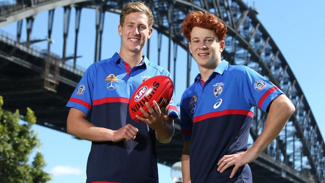 Ed Richards (right) with fellow Western Bulldogs draftee Aaron Naughton. Picture: Justin Sanson