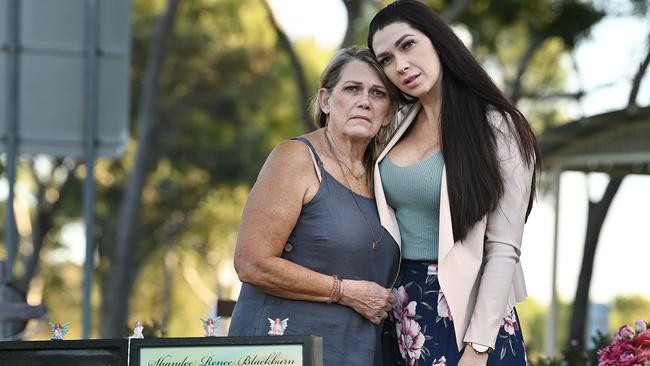 Shandee Blackburn’s mother Vicki and sister Shannah visit her grave in Mackay. Picture: Lyndon Mechielsen/The Australian