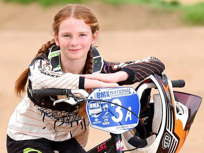 Emerald Blyth (11) is a young BMX bandit who recently came third in National Championships in Brisbane. Picture: Josie Hayden