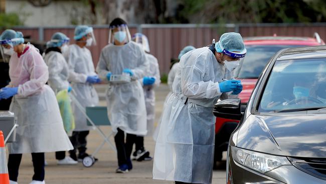 The drive-through Covid testing clinic in the Fairfield RSL car park. Picture: Toby Zerna