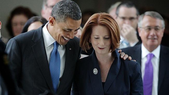 Barack Obama and Julia Gillard in Parliament House in 2011. Picture: Alex Ellinghausen
