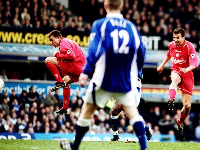 Markus Babbel scores Liverpool’s second goal in the 3-1 win over Everton in April, 2001. Picture: Getty Images