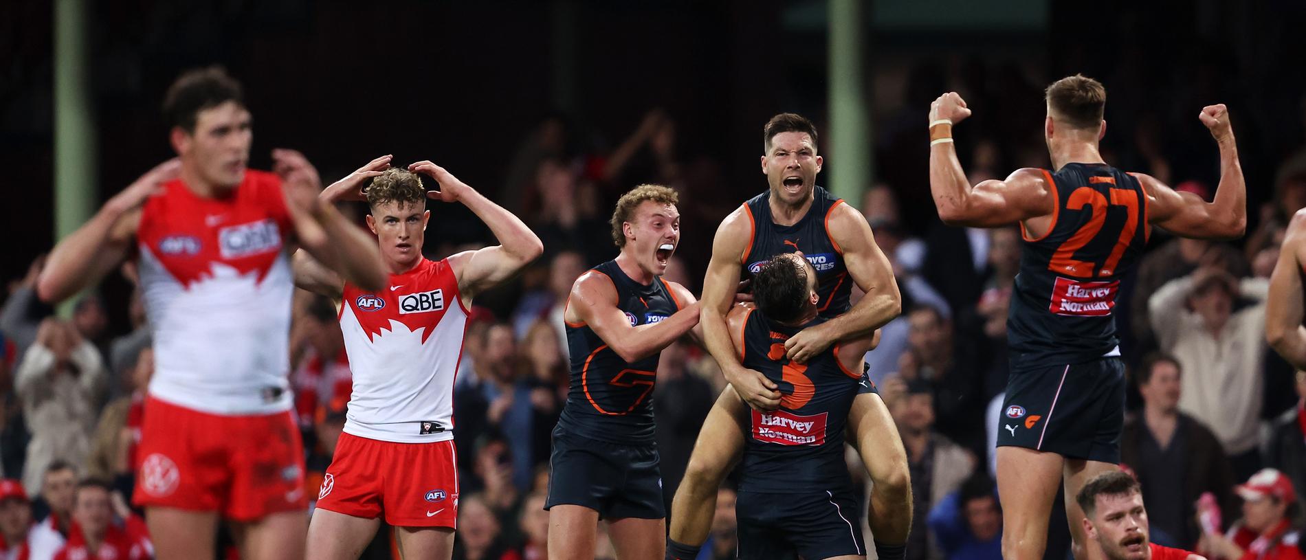 SYDNEY, AUSTRALIA - APRIL 29: Toby Greene of the Giants celebrates with his team mates after kicking a goal during the round seven AFL match between Sydney Swans and Greater Western Sydney Giants at Sydney Cricket Ground, on April 29, 2023, in Sydney, Australia. (Photo by Mark Kolbe/AFL Photos/via Getty Images )