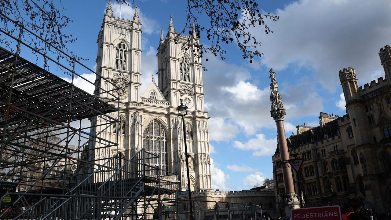 Barriers and platforms are picture outside of Westminster Abbey in central London ahead of next month’s coronation. Picture: Isabel Infantes/AFP