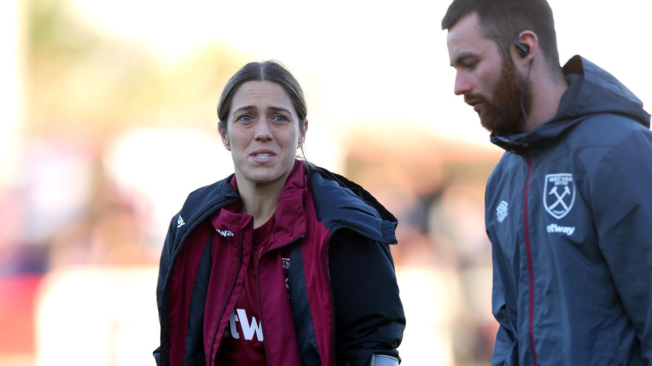 Katrina Gorry on crutches in England. Picture Andrew Redington/Getty Images