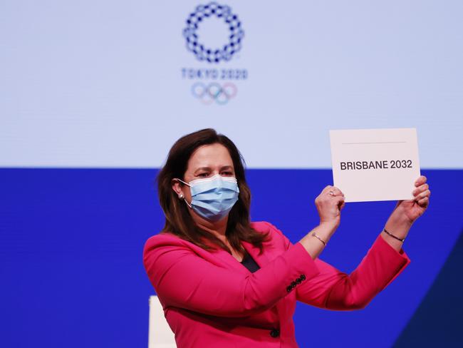 Annastacia Palaszczuk celebrates after Brisbane was announced as the 2032 Olympics host.