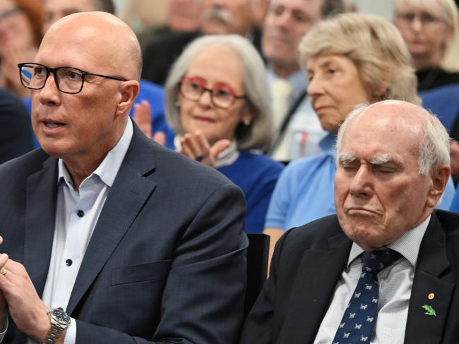 SYDNEY, AUSTRALIA - APRIL 27: Opposition Leader Peter Dutton and wife Kirilly (L) sit with Former Prime Minister John Howard (R)ÃÂ during a Liberal Party campaign launch in the seat of Mackellar on April 27, 2025 in Sydney, Australia. Australia will head to the polls on May 3, early voting for the 2025 Australian election has also been highly successful, with more than 524,000 people casting their ballots on the first day alone-breaking previous records. (Photo by Dan Peled/Getty Images)