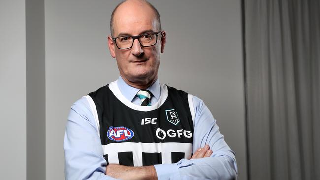 David Koch, Port Adelaide chairman, wearing the famous prison bar jumper. Picture: Jonathan Ng.