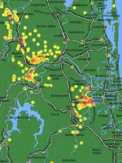 A map showing location of feral deer on the Gold Coast and where car collisions have occurred. Source: Gold Coast City Council report.