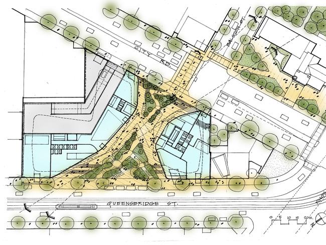 Plans for the proposed 47-storey residential and hotel tower with open space on Queens Bridge St, Southbank.