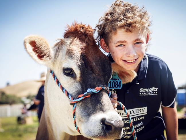 WestVic Dairy camp participant Damian McGuire with bovine buddy Spice Junior. Photo: Nicole Cleary